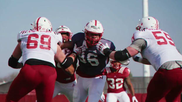Turner Corcoran and Henry Lutovsky vs AJ Rollins line 2023-03-28 Nebraska football spring practice